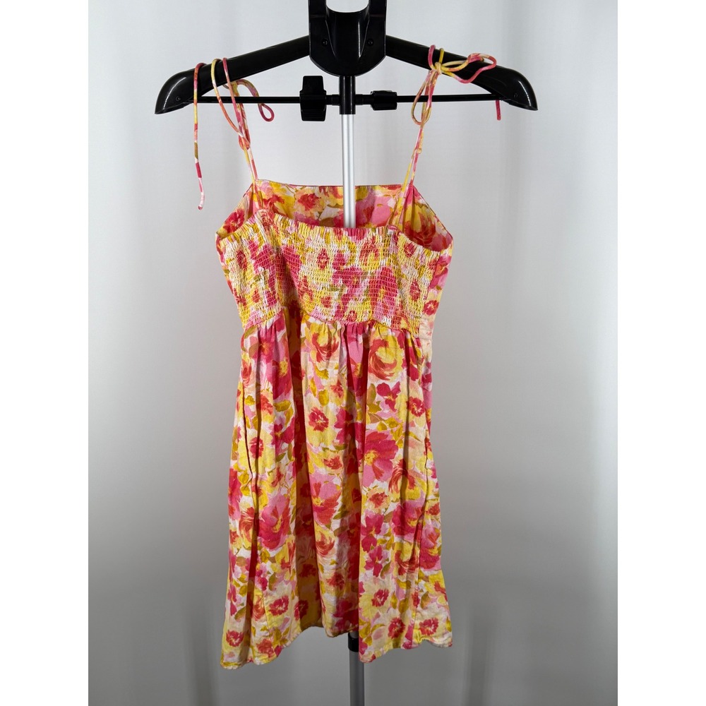 Old Navy Pink Yellow Floral Linen Blend Tie Strap Mini Sundress XS - Picture 3 of 9
